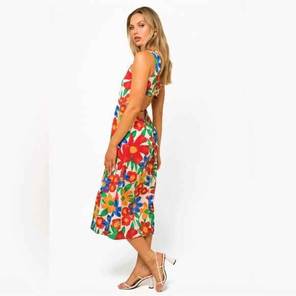 Gilli Tropical Floral Print Big Flowers Open Back Midi Dress - Picture 3 of 4